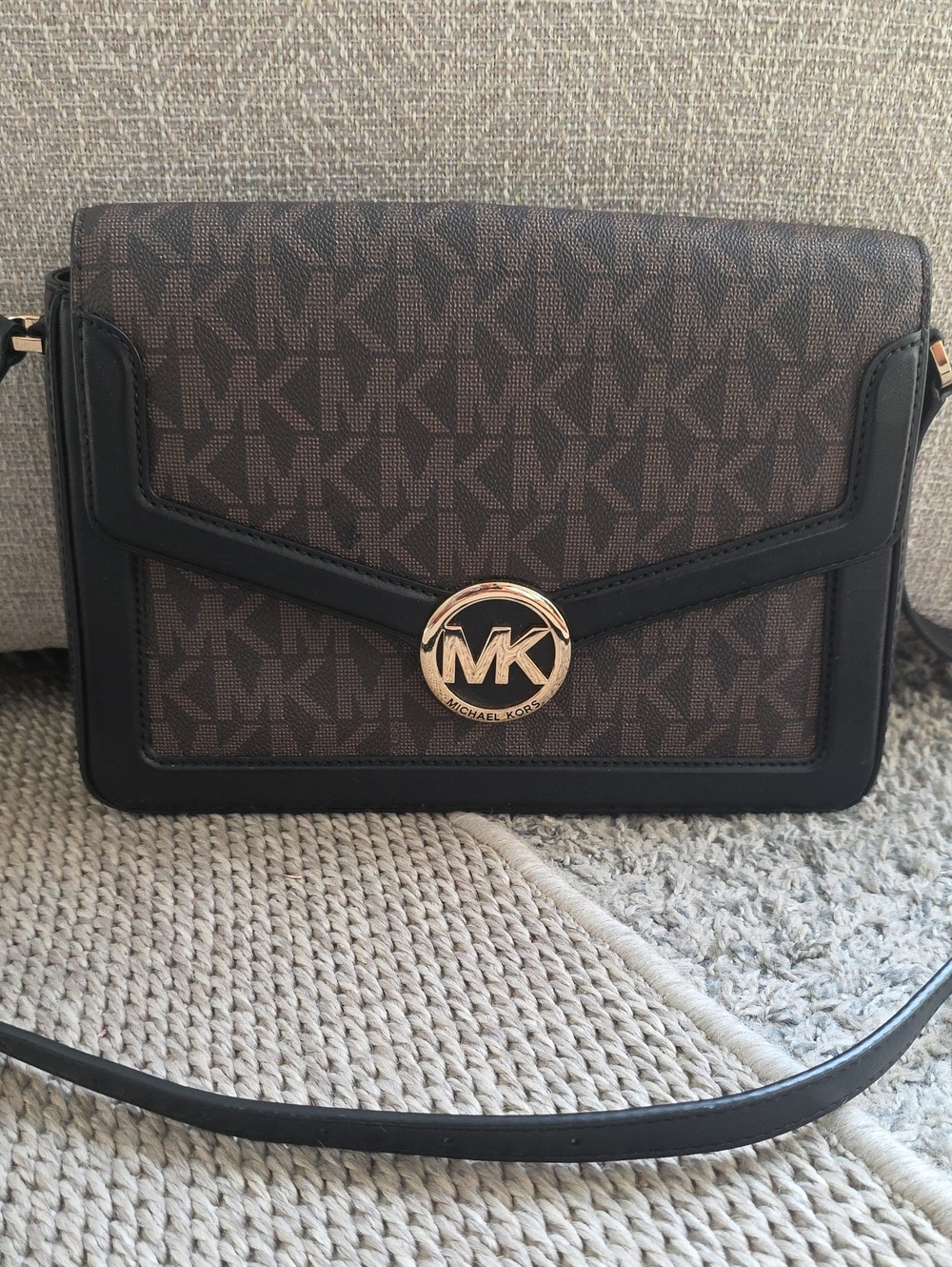 Michael Kors Brown MK Logo Crossbody with Black Trim and Gold Medallion